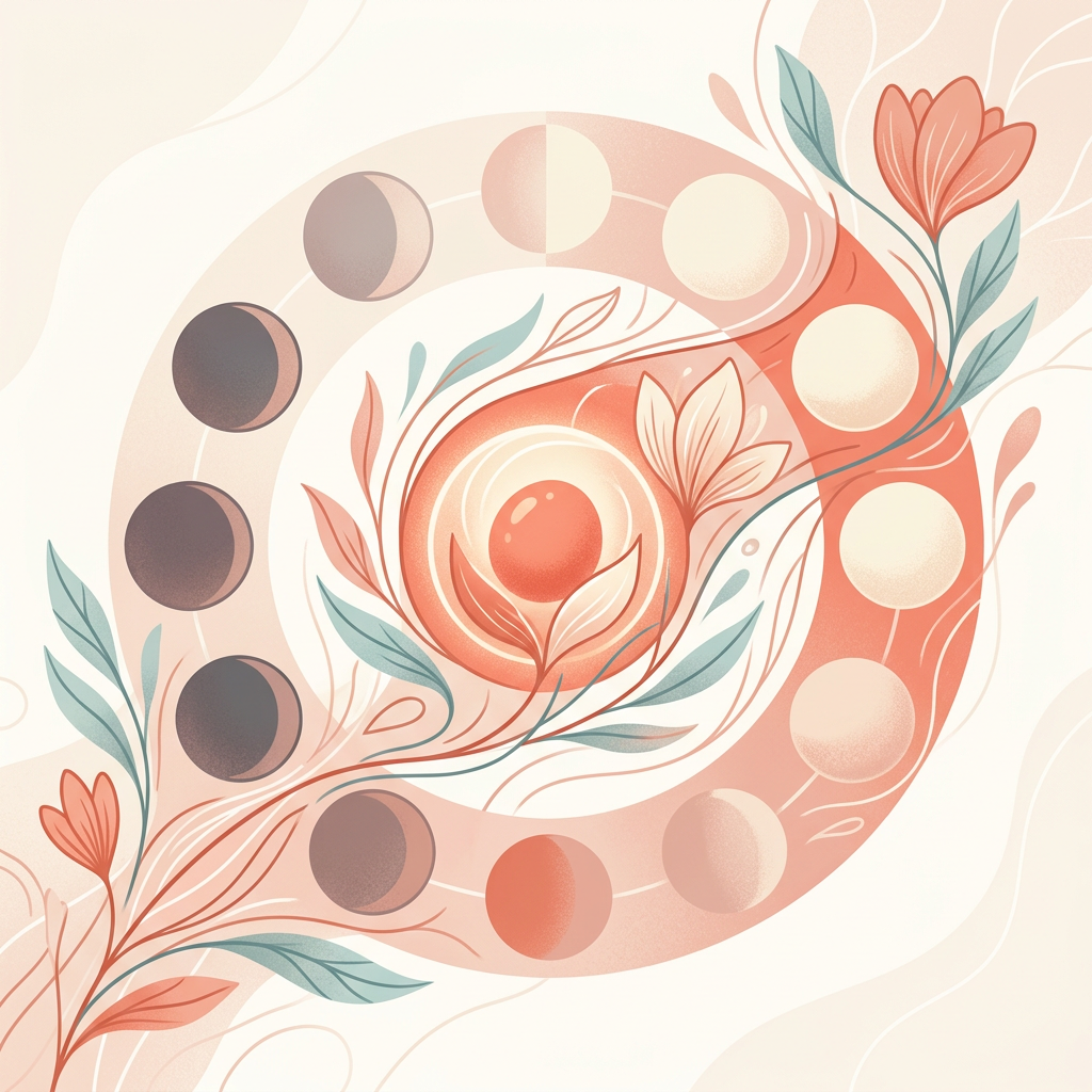 Circular botanical illustration featuring moon phases and blooming flowers