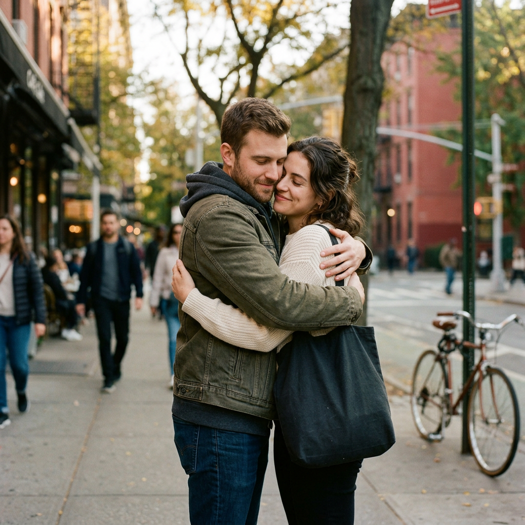 Couple embracing on a tree-lined city sidewalk beside a bicycle